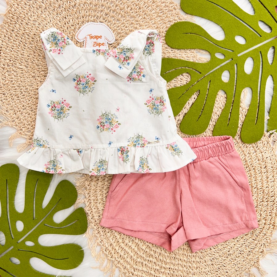 Conj. Batinha Buquê de Flores Coloridas e Short - Off White e Rose